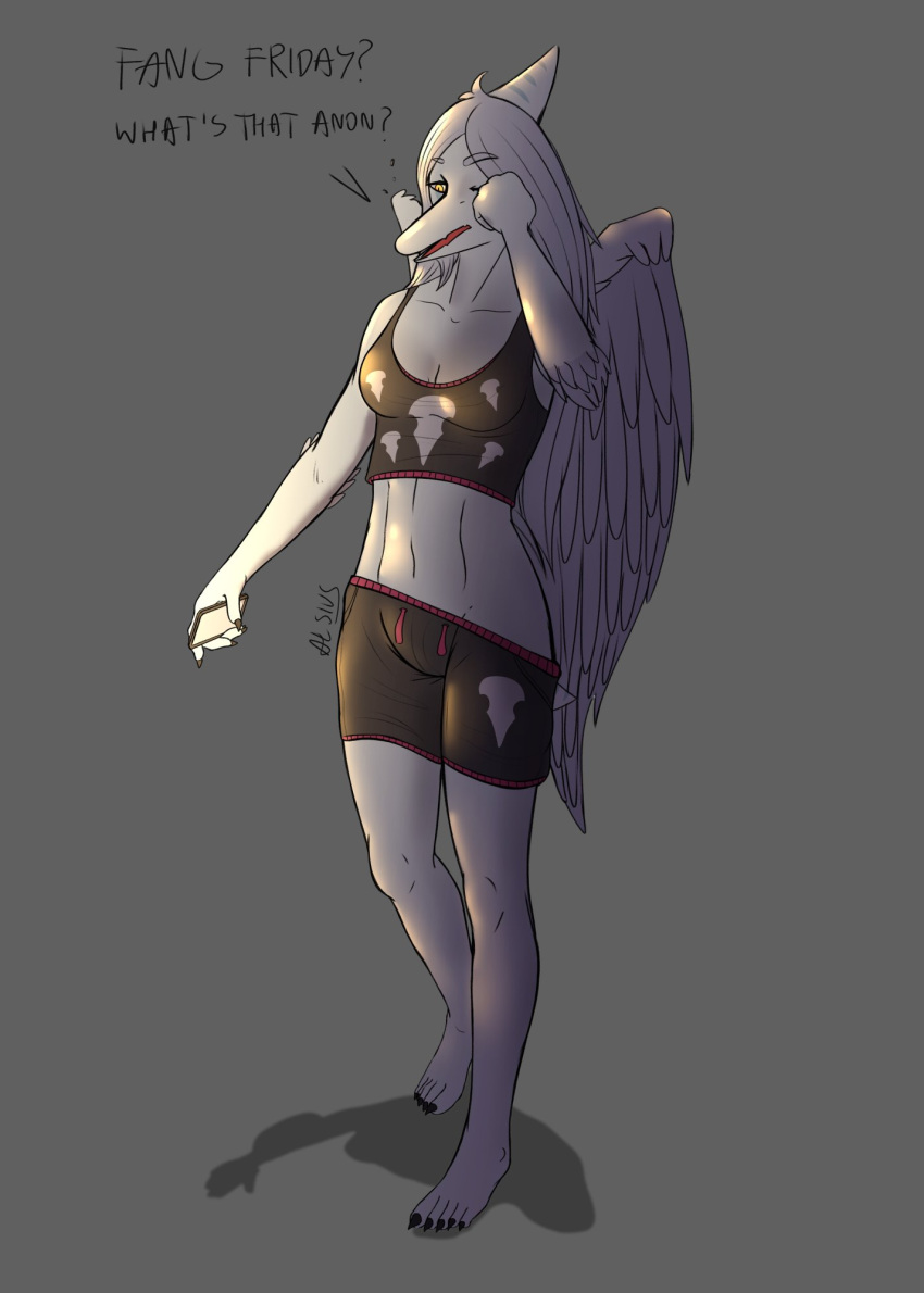 alsius_arcticus anthro breasts cleavage clothed clothing colored dialogue english_text fang_(gvh) feathered_wings feathers feet female goodbye_volcano_high hair hi_res humanoid_feet plantigrade pterodactylus pterosaur reptile scalie short_tail simple_background snoot_game solo standing tail text wings