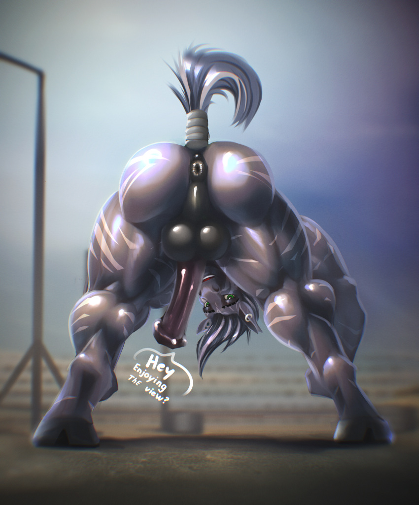 absurd_res animal_genitalia animal_penis anthro anus balls_outline big_muscles bottomwear bulge butt clothing dialogue digitigrade ear_piercing equid equine equine_genitalia equine_penis genital_outline genitals hi_res hooves huge_muscles huge_thighs looking_at_viewer looking_back looking_back_at_viewer male mammal muscular muscular_anthro muscular_butt muscular_male muscular_thighs penis piercing rizzy_stripe rizzyofen smile solo speech_bubble stretching talking_to_viewer thick_thighs zebra