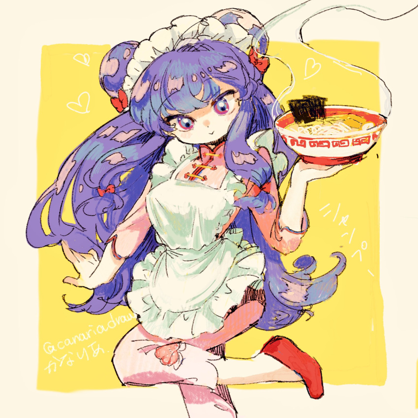 1girl artist_name bow breasts canariadraw double_bun food hair_bow hair_bun heart highres noodles purple_hair ramen ranma_1/2 red_bow red_footwear shampoo_(ranma_1/2) smile solo twitter_username waitress