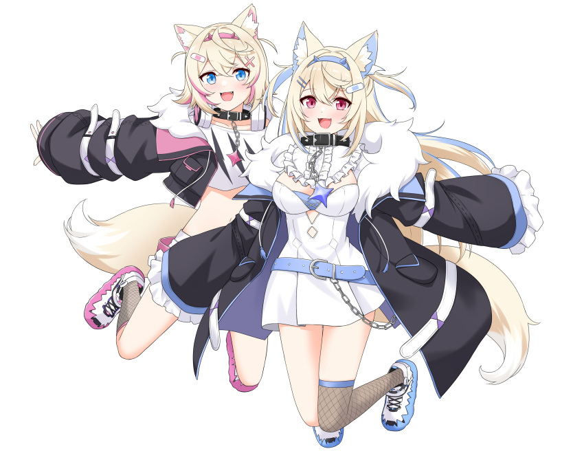 2girls absurdres animal_collar animal_ear_fluff animal_ears bandaid_hair_ornament belt black_collar black_jacket blonde_hair blue_belt blue_eyes blue_hair blue_hairband breasts brown_socks brown_thighhighs center_frills cleavage cleavage_cutout clothing_cutout collar colored_shoe_soles cropped_jacket cropped_shirt crossed_bangs cutout_above_navel detached_collar dog_ears dog_girl dog_tail double-parted_bangs dress fake_horns fangs felutiahime fishnet_socks fishnet_thighhighs fishnets frilled_shirt_collar frilled_shorts frilled_sleeves frills fur-trimmed_jacket fur_trim fuwawa_abyssgard hair_between_eyes hair_ornament hairband hairclip headphones headphones_around_neck highres hololive hololive_english horns jacket kneehighs large_breasts long_hair long_sleeves mococo_abyssgard multicolored_hair multiple_girls open_mouth over-kneehighs pink_belt pink_eyes pink_hair pink_hairband puffy_long_sleeves puffy_sleeves shirt shoes short_dress short_hair short_shorts shorts siblings single_over-kneehigh single_thighhigh sisters small_breasts sneakers socks spiked_collar spikes streaked_hair t-shirt tail thighhighs twins two_side_up virtual_youtuber white_background white_dress white_footwear white_shirt white_shorts x_hair_ornament