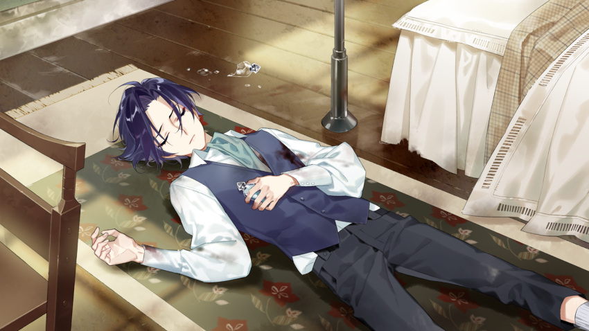 1boy aged_down aqua_ascot ascot bed black_pants blood blood_on_clothes blue_hair blue_vest broken_bottle broken_glass chair child closed_eyes closed_mouth collared_shirt cuff_links feet_out_of_frame floral_print for_all_time glass holding_vial indoors long_sleeves lying male_focus mole mole_under_eye official_art on_back pants parted_bangs psd_(psdgai) rug shirt short_hair si_lan socks solo unconscious vest vial white_shirt white_socks wooden_floor