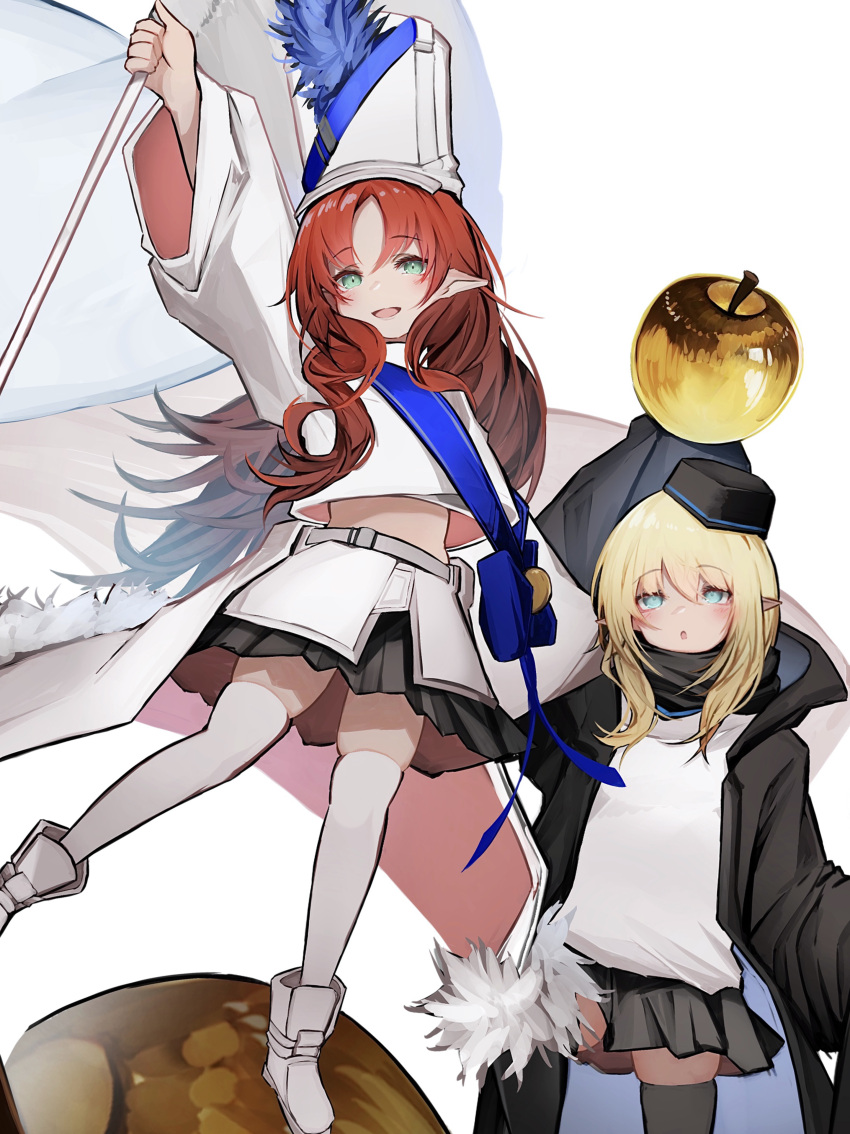 2girls :d :o absurdres apple arknights arm_up black_headwear black_jacket black_skirt black_thighhighs blonde_hair blue_eyes blush boots commentary durin_(arknights) flag food fruit green_eyes hat highres holding holding_flag holding_food holding_fruit hood hood_down hooded_jacket jacket liberty_leading_the_people long_hair long_sleeves medium_hair miniskirt multiple_girls myrtle_(arknights) myrtle_(light_gold_celebration)_(arknights) open_mouth parody pointy_ears red_hair shirt simple_background skirt smile tab_head thighhighs white_background white_footwear white_headwear white_shirt white_skirt white_thighhighs wide_sleeves