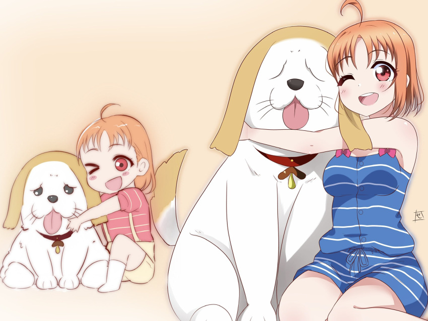 1girl age_progression ahoge animal_collar birthday blush breasts collar commentary dog grey_eyes highres hug looking_at_viewer love_live! love_live!_sunshine!! medium_breasts one_eye_closed orange_hair red_eyes shiitake_(love_live!_sunshine!!) short_hair smile takami_chika tongue tongue_out zero-theme