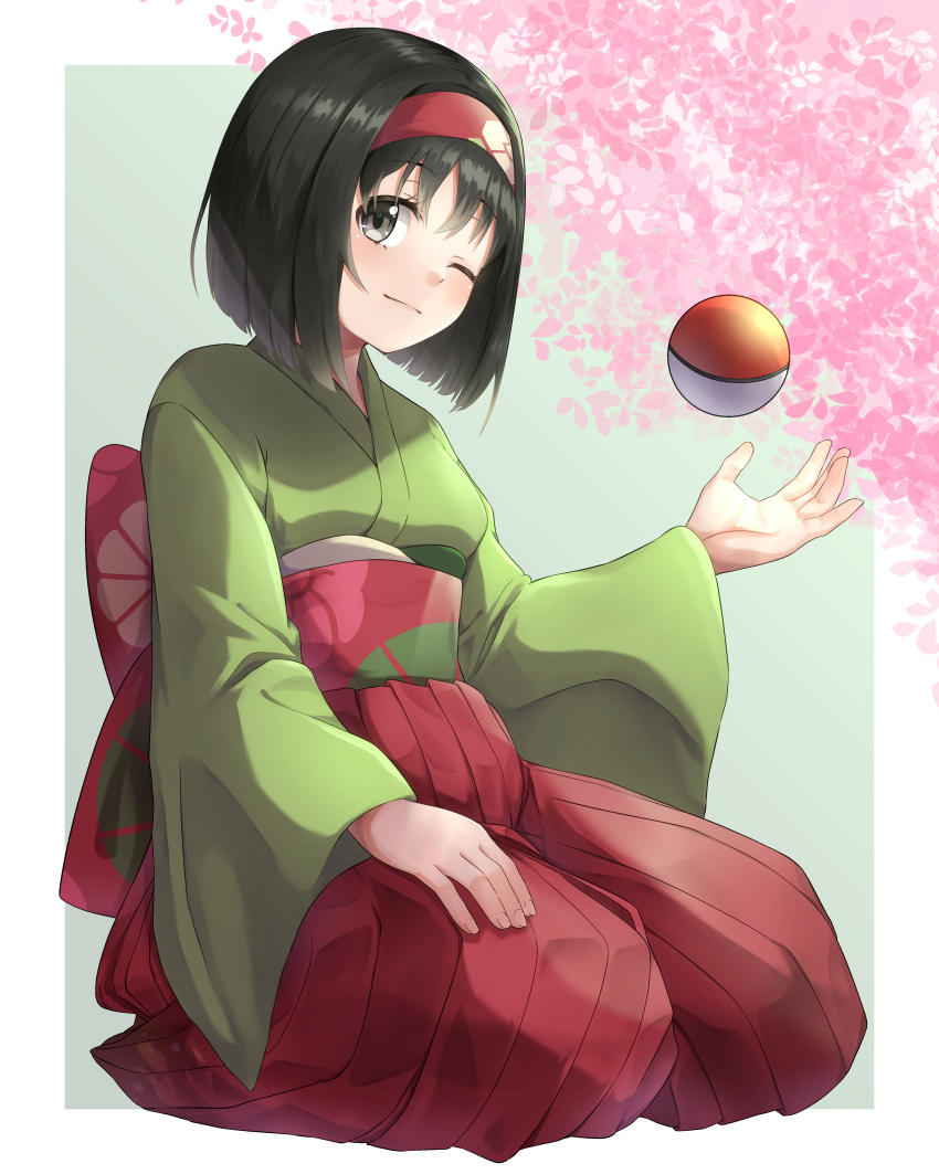 1girl ;) absurdres aowa_(dakahi1009) black_hair border closed_mouth commentary_request erika_(pokemon) eyelashes floral_print full_body green_background green_kimono grey_eyes hairband hakama hakama_skirt hand_up highres japanese_clothes kimono one_eye_closed poke_ball poke_ball_(basic) pokemon pokemon_(game) pokemon_lgpe red_hairband red_hakama sash sitting skirt smile solo white_border wide_sleeves