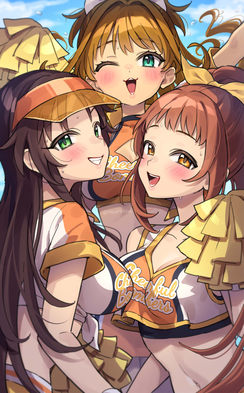 3girls :d ;d blush breasts brown_hair cheerleader cleavage crop_top grin highres himekawa_yuki hino_akane_(idolmaster) holding holding_pom_poms idolmaster idolmaster_cinderella_girls looking_at_viewer medium_breasts multiple_girls navel one_eye_closed pom_pom_(cheerleading) shirt smile sweatdrop tied_shirt trente twitter_username visor_cap wakabayashi_tomoka