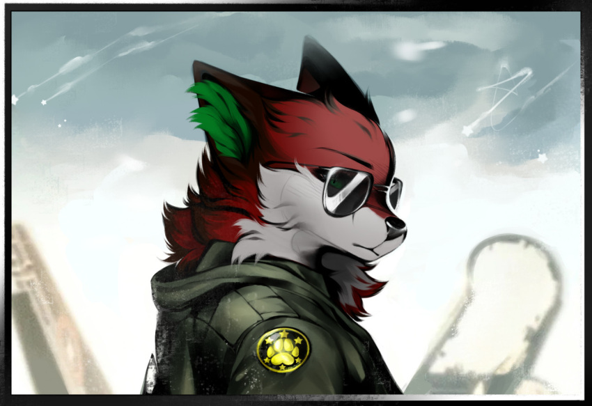 2022 anthro aside_glance badge black_ears black_nose canid canine clothed clothing fox fur green_inner_ear half-length_portrait jacket looking_at_viewer male mammal mega_moppa portrait red_body red_fur side_view solo top_gun topwear victor_johansen wearing_sunglasses