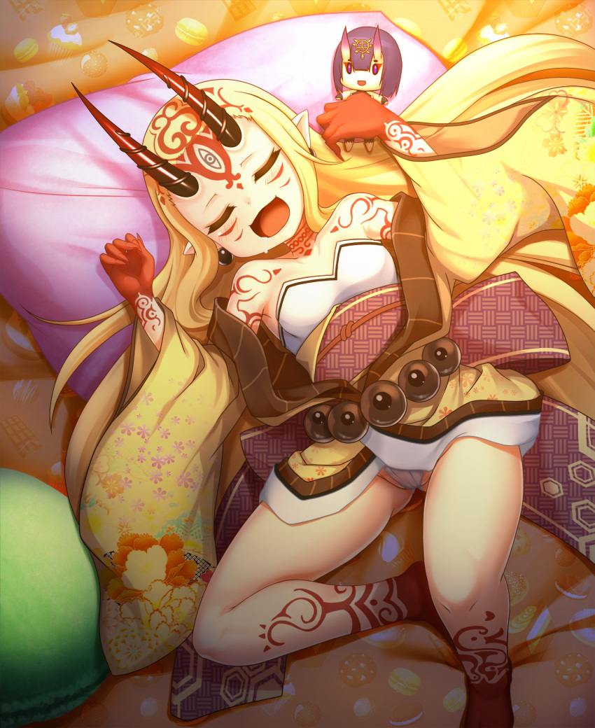 1girl bare_shoulders barefoot blonde_hair breasts character_doll closed_eyes commentary_request doll drooling earrings facial_mark fate/grand_order fate_(series) fingernails floral_print food food_print foot_out_of_frame forehead_mark highres holding holding_doll horns ibaraki_douji_(fate) japanese_clothes jewelry kimono long_hair lying macaron obi on_back oni oni_horns open_mouth otomix panties pillow pointy_ears sash sharp_fingernails shuten_douji_(fate) sleeping small_breasts smile solo tattoo underwear white_panties wide_sleeves yellow_eyes yellow_kimono