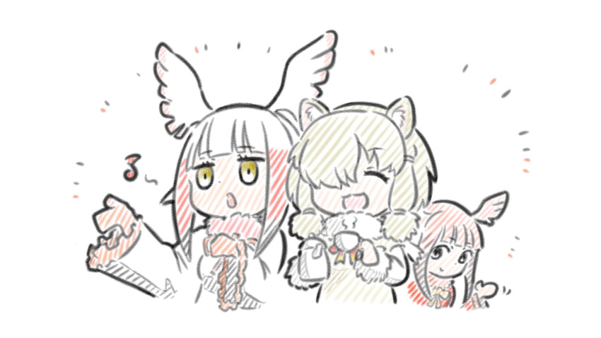 3girls :d ^_^ alpaca_ears alpaca_suri_(kemono_friends) animal_ear_fluff animal_ears appleq brown_hair brown_sweater closed_eyes closed_mouth coffee_pot commentary_request cropped_torso cup frilled_sleeves frills fur-trimmed_sleeves fur_collar fur_trim gloves hair_over_one_eye head_wings highres holding holding_cup japanese_crested_ibis_(kemono_friends) kemono_friends long_sleeves multicolored_hair multiple_girls music pink_hair pink_wings red_gloves red_hair red_shirt scarlet_ibis_(kemono_friends) shirt simple_background singing smile sweater two-tone_hair upper_body white_background white_hair white_shirt white_wings wings yellow_eyes