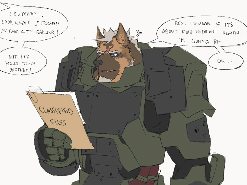 2019 anthro armor blue_eyes brown_body brown_fur cables canid canine canis cross-popping_vein dialogue domestic_dog dossier english_text facial_hair facial_scar file_folder files fur german_shepherd goatee green_armor hair herding_dog linked_speech_bubble machine male mammal muscular muscular_anthro muscular_male pastoral_dog power_armor reading rourke_(saberzelgrath) saberzelgrath scar solo speech_bubble text white_hair