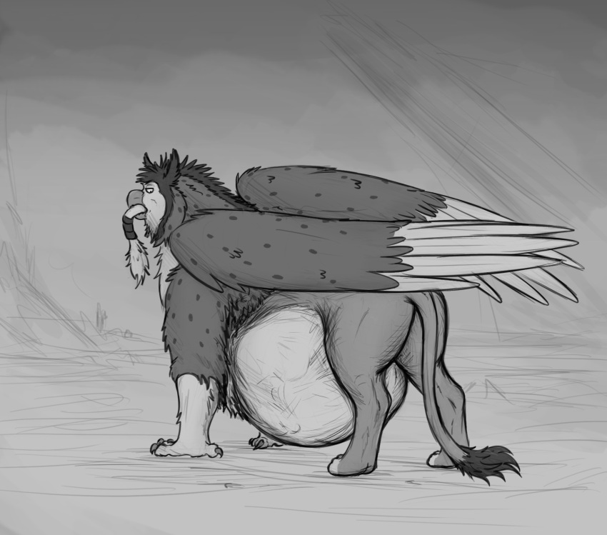 ambiguous_gender avian beak belly big_belly diego_(thatgryphonguy) duo feral feral_pred greyscale gryphon hi_res looking_at_belly male male_pred monochrome mythological_avian mythology oral_vore sketch swallowing thatgryphonguy vore wings