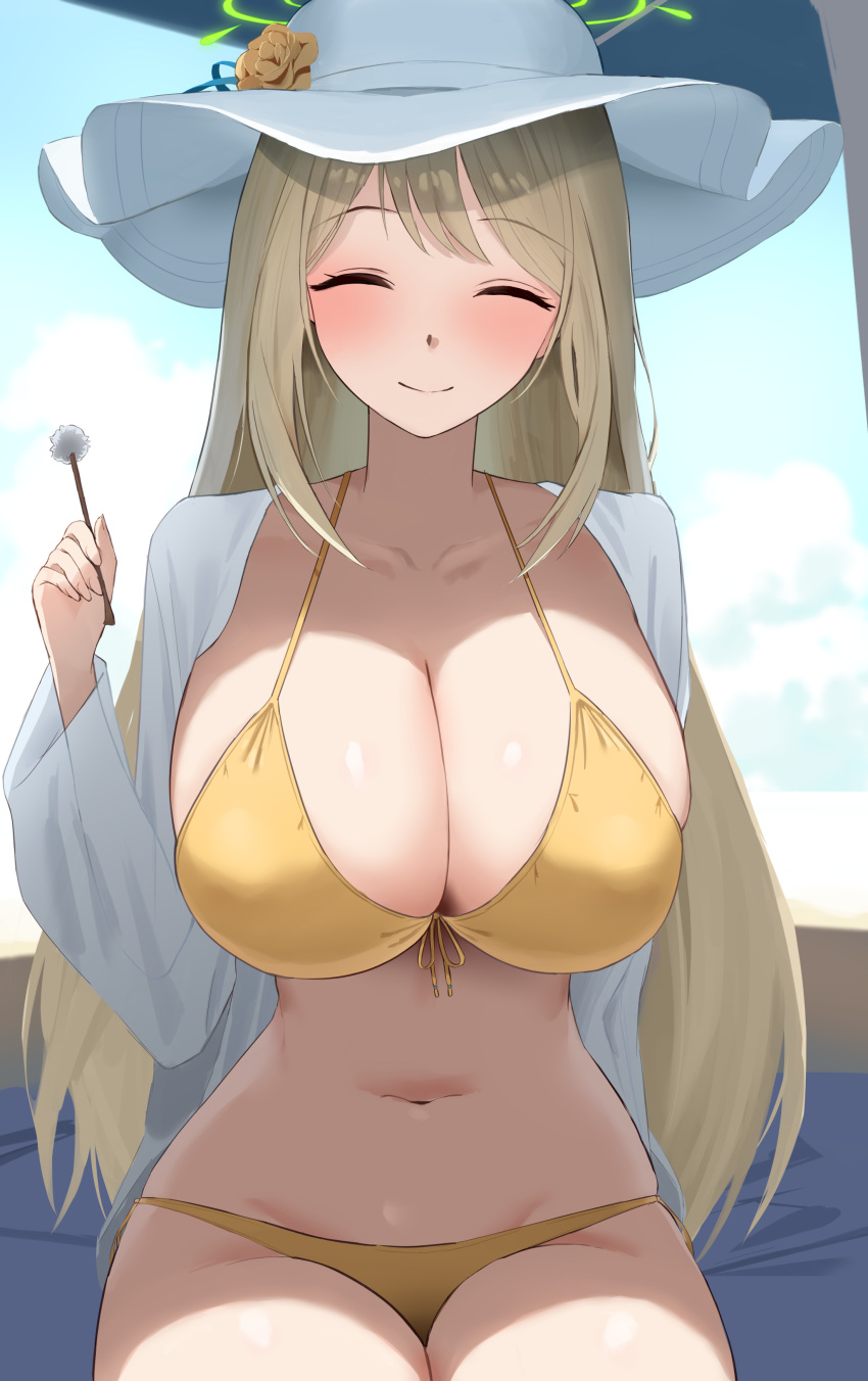 1girl absurdres bikini blue_archive blush breasts cleavage closed_eyes closed_mouth collarbone flower halo hand_up hat hat_flower highres holding large_breasts mimikaki navel nonomi_(blue_archive) nonomi_(swimsuit)_(blue_archive) official_alternate_costume rk_(cc15915r) sitting smile solo stomach sun_hat swimsuit thighs white_headwear yellow_bikini