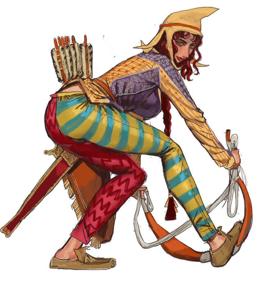 1girl arrow_(projectile) bow_(weapon) braid breasts hat highres leggings long_hair looking_back mossacannibalis original patterned_clothing quiver red_hair scythian sword weapon white_background
