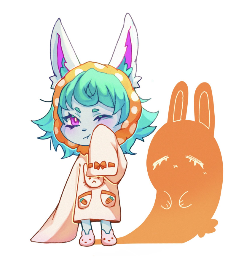 1girl animal_ears blush chibi closed_mouth colored_skin english_commentary full_body green_hair highres knol_(flowrmosh) league_of_legends long_sleeves looking_at_viewer one_eye_closed pajamas purple_eyes shadow simple_background sleeves_past_fingers sleeves_past_wrists solo standing vex_(league_of_legends) vex_shadow_(league_of_legends) white_background yordle