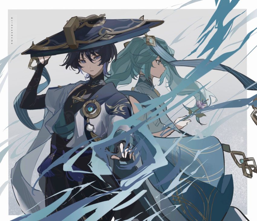 1boy 1girl aqua_hair armor black_hair closed_mouth dress faruzan_(genshin_impact) flower genshin_impact hair_between_eyes hat highres holding holding_flower japanese_armor japanese_clothes jingasa kote kurokote lofter_username long_hair looking_at_viewer multicolored_hair purple_hair scaramouche_(genshin_impact) sleeveless sleeveless_dress tassel twintails vidoakdame vision_(genshin_impact) wanderer_(genshin_impact)