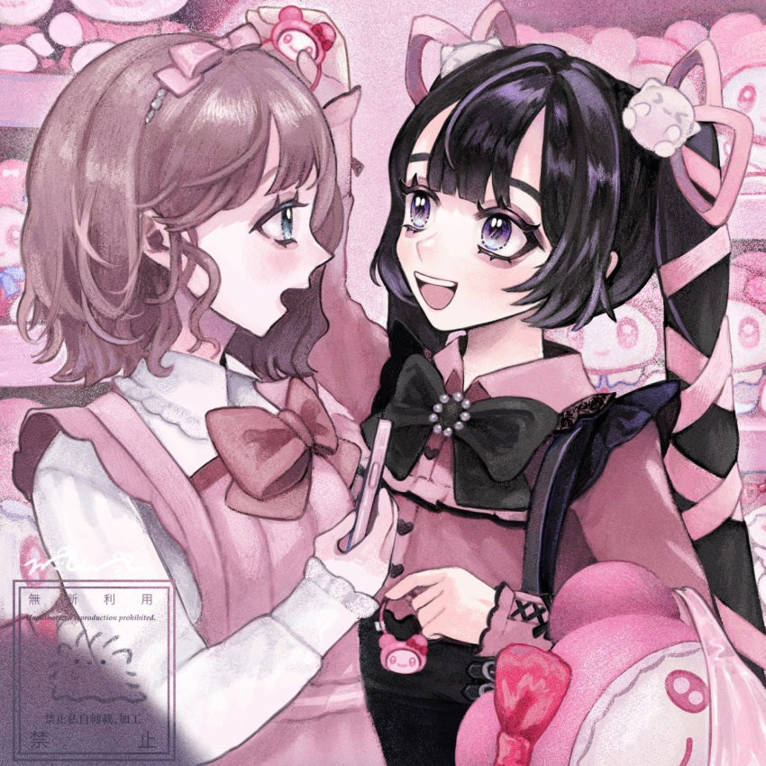 2girls :d aegyo_sal arm_up black_bow black_eyeshadow black_hair blouse blush bow brown_hair collared_shirt commentary_request dress eyeshadow frilled_shirt_collar frills hair_ornament hair_ribbon highres himeno-chan_(min) holding holding_hair_ornament holding_phone indoors jirai_kei long_hair long_sleeves looking_at_another makeup min_(mts2314) multiple_girls open_mouth original phone pink_background pink_bow pink_dress pink_ribbon pink_shirt purple_eyes ribbon shelf shirt shopping short_hair signature smile stuffed_toy syu-chan_(min) upper_body white_shirt