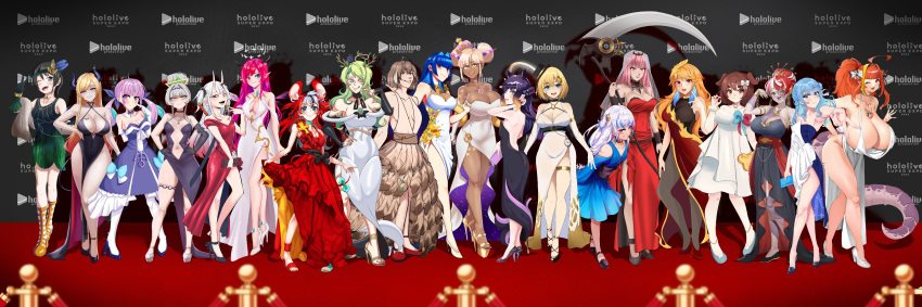 absurdres aestheticc-meme artist_request breasts character_request cslucaris dress evening_gown everyone fins fish_tail gawr_gura gigantic_breasts highres hololive inugami_korone ironmouse kiryu_coco large_breasts long_hair looking_at_viewer medium_breasts mori_calliope multicolored_hair multiple_girls ninomae_ina'nis no_bra no_panties official_alternate_hair_length official_alternate_hairstyle ouro_kronii red_carpet scythe shark_girl shark_tail small_breasts streaked_hair tail tehshraid virtual_youtuber watson_amelia