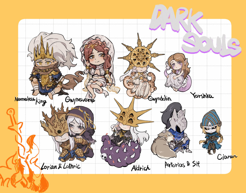 3girls 6+boys absurdres aldrich_devourer_of_gods animal armor artorias_the_abysswalker bandaged_leg bandages black_sclera blonde_hair blue_dress blush bone border braid braided_ponytail breasts brother_and_sister brothers brown_hair brown_scarf character_name chibi closed_mouth colored_sclera company_captain_yorshka copyright_name dark_souls_(series) dark_souls_i dark_souls_iii dark_sun_gwyndolin dress english_text frown gauntlets great_grey_wolf_sif grey_dress grey_hair helmet highres hood hood_up large_breasts long_hair lord's_blade_ciaran lorian_(elder_prince) lothric_(younger_prince) mask multiple_boys multiple_girls nameless_king navel orange_border orange_eyes petting plume pointy_ears queen_of_sunlight_gwynevere scarf short_hair short_sleeves siblings single_braid sisters sitting skull snake teeth wolf zunkome