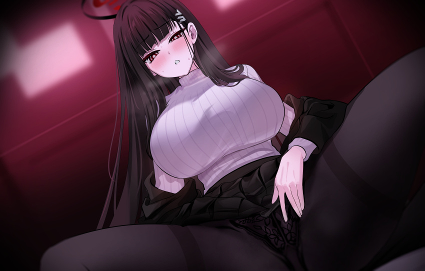 1girl absurdres black_hair black_jacket black_panties black_pantyhose black_skirt black_suit blue_archive blush breasts crotch hair_ornament hairclip halo highres jacket large_breasts long_hair long_sleeves looking_at_viewer miniskirt off_shoulder open_clothes open_jacket panties panties_under_pantyhose pantyhose pleated_skirt red_eyes ribbed_sweater rio_(blue_archive) skirt solo spread_legs suit sweater thighs turtleneck turtleneck_sweater underwear very_long_hair white_sweater yuki_(asayuki101)