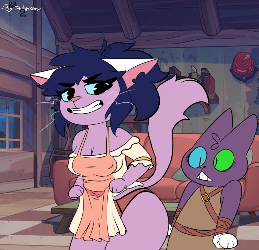 absurd_res anthro blue_hair domestic_cat duo felid feline felis female fur hair hi_res incest_(lore) male male/female mammal mother mother_and_child mother_and_son not_whiskers2 parent parent_and_child purple_body purple_fur son