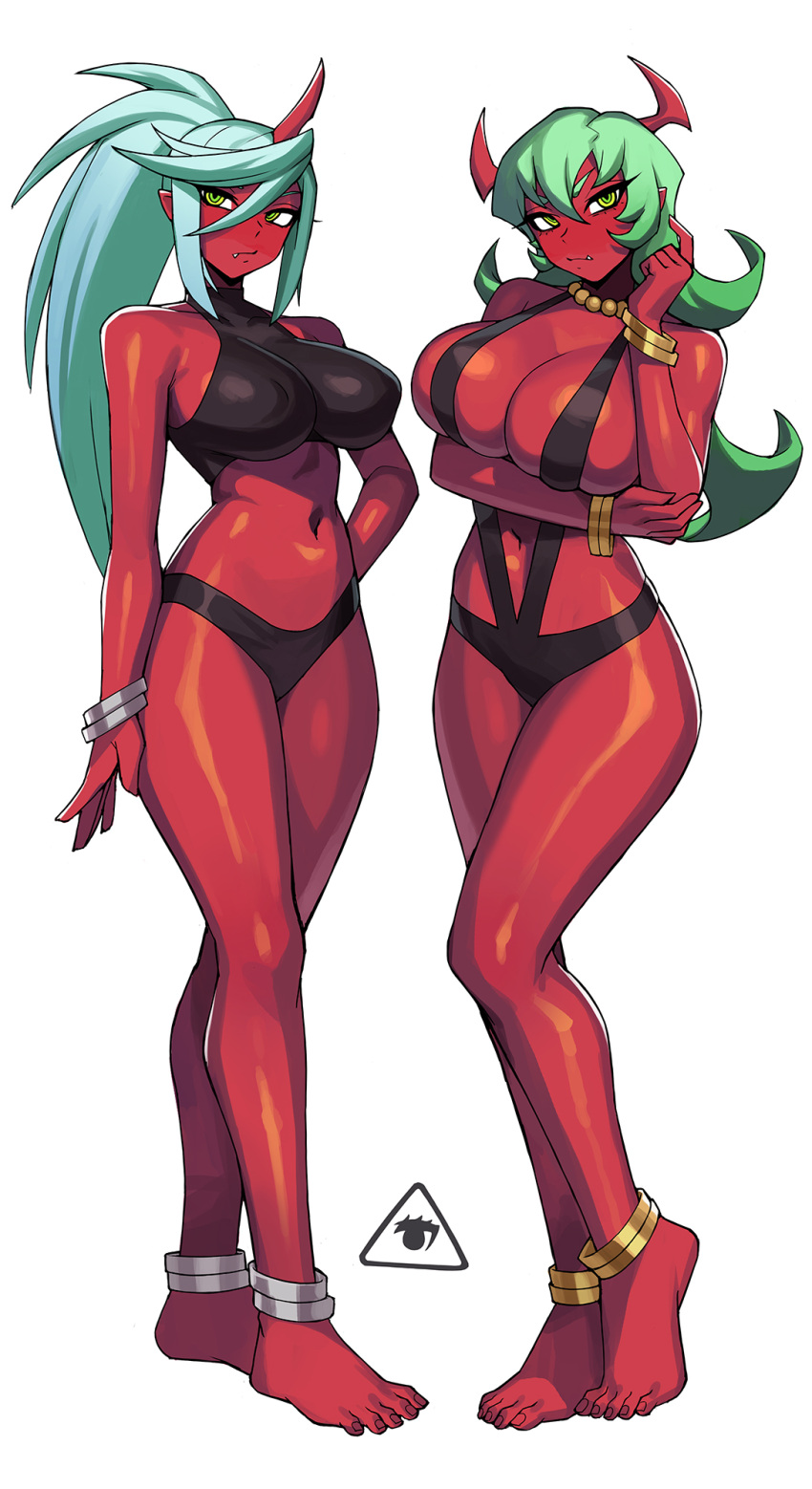 2girls anklet aqua_hair arm_under_breasts artist_logo bare_shoulders barefoot bead_necklace beads bikini black_bikini black_one-piece_swimsuit bracelet breasts cleavage colored_skin commentary demon_girl demon_horns donburi_(donburikazoku) full_body glasses green_hair high_ponytail highres horns jewelry kneesocks_(psg) large_breasts long_hair looking_at_viewer multiple_girls navel necklace official_alternate_costume one-piece_swimsuit panty_&amp;_stocking_with_garterbelt ponytail red_skin scanty_(psg) siblings simple_background single_horn sisters standing swimsuit thighs white_background