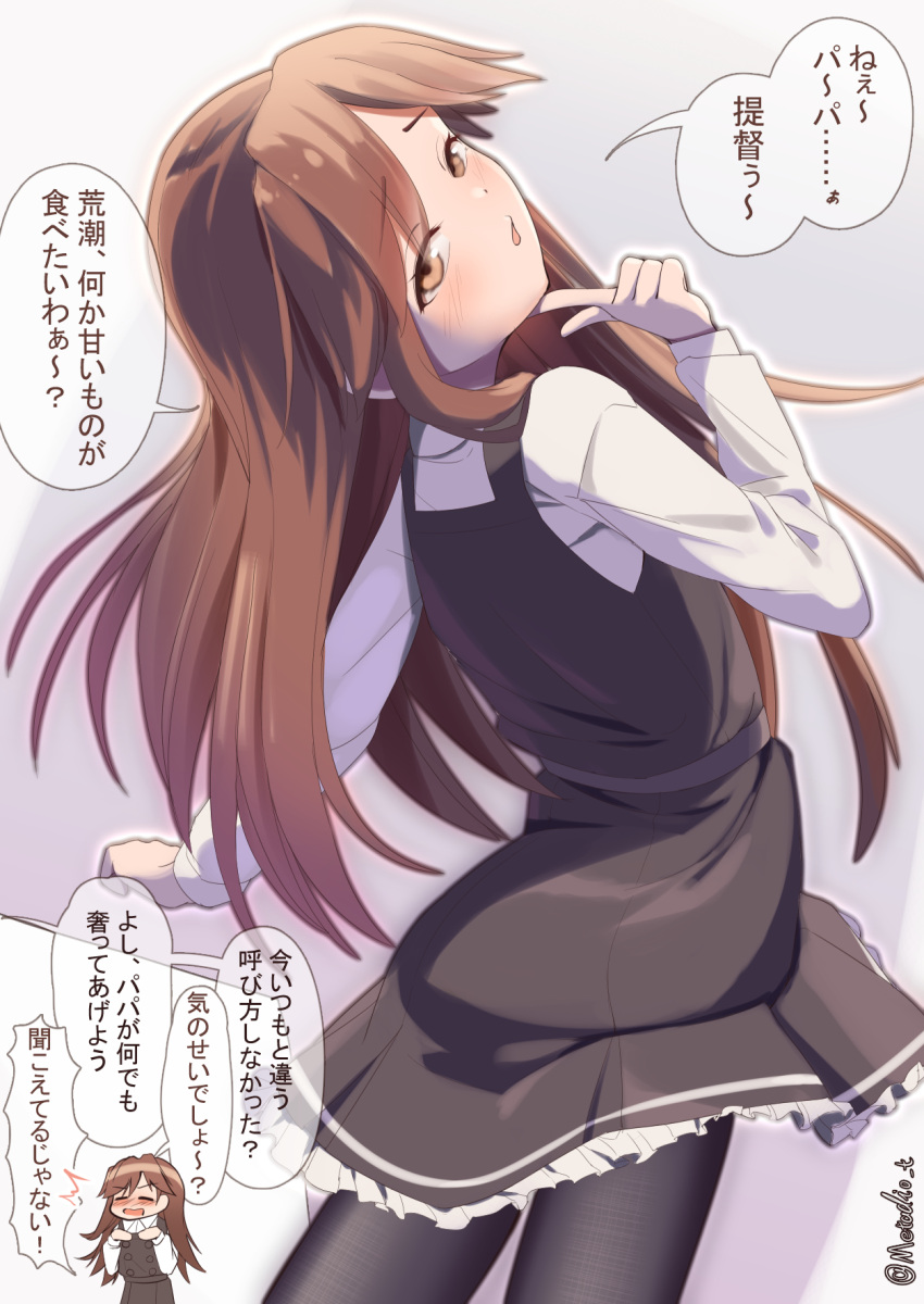 1girl arashio_(kancolle) arashio_kai_ni_(kancolle) black_dress black_pantyhose brown_eyes brown_hair collared_shirt commentary_request cowboy_shot dress dress_shirt frilled_dress frills from_below highres index_finger_raised kantai_collection long_hair looking_at_viewer looking_back metadio multiple_views one-hour_drawing_challenge pantyhose pinafore_dress shirt sleeveless sleeveless_dress translation_request white_shirt