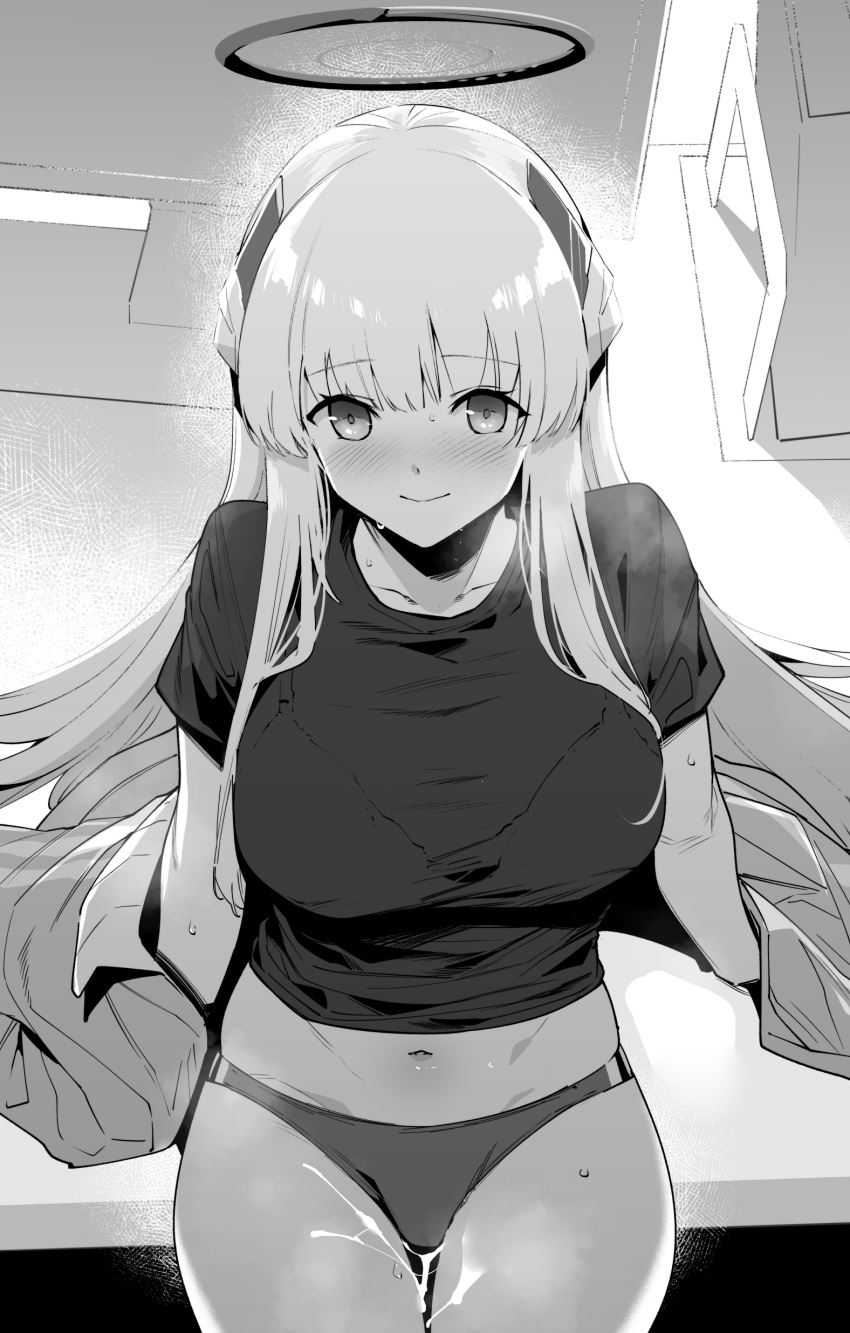 1girl absurdres blue_archive blush breasts buruma cum cum_on_legs greyscale gym_uniform hair_ornament halo highres jacket large_breasts long_hair looking_at_viewer monochrome navel noa_(blue_archive) off_shoulder open_clothes open_jacket purple_eyes short_sleeves sidelocks smile solo sweat tomohiro_kai very_long_hair white_hair