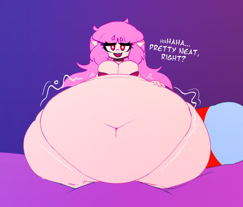 belly belly_inflation beverage big_belly big_breasts bra breasts cleavage clothed clothing dialogue elise_(mysterydad) fangs female hair hi_res huge_thighs humanoid humanoid_pointy_ears hyper hyper_belly hyper_thighs inflation kneeling liquid_inflation looking_at_viewer mysterydad navel not_furry obese obese_female obese_humanoid open_mouth overweight overweight_female overweight_humanoid pink_hair red_eyes smile soda solo teeth text thick_thighs underwear vampire wide_hips