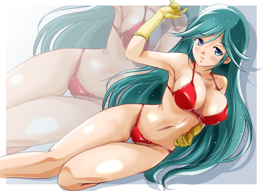 1girl bikini blackjunk blush breasts choudenji_robo_combattler_v cleavage gloves green_eyes green_hair highres large_breasts long_hair looking_at_viewer nanbara_chizuru navel red_bikini swimsuit