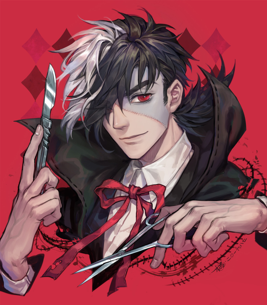 1boy argyle argyle_background black_hair black_jack_(character) black_jack_(series) closed_mouth coat collared_coat collared_shirt eyes_visible_through_hair fan_ju hair_over_one_eye highres holding holding_scalpel holding_scissors long_sleeves male_focus multicolored_hair neck_ribbon patchwork_skin realistic red_background red_eyes red_ribbon ribbon scalpel scar scar_on_face scissors shirt short_hair sideburns simple_background smile solo split-color_hair stitches thick_eyebrows torn_ribbon two-tone_hair white_hair white_shirt