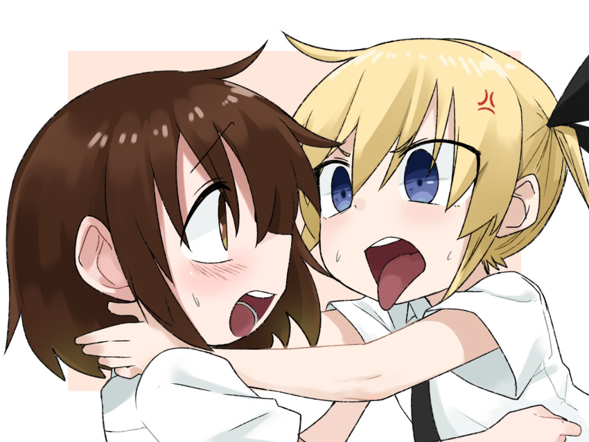 2girls blonde_hair blue_eyes blush brown_eyes brown_hair fusuma_(suwaru_boom) hair_ribbon highres kill_me_baby long_hair multiple_girls necktie open_mouth oribe_yasuna pink_background ribbon school_uniform shirt short_hair sonya_(kill_me_baby) tongue tongue_out twintails white_background yuri