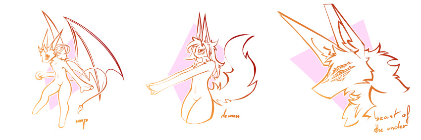 4_eyes ambiguous_gender anthro black_sclera canid canine chest_tuft demon featureless_crotch fluffy fluffy_tail group hair hi_res horn imp inner_ear_fluff lodi_(artist) long_ears long_hair long_tail mammal mane markings multi_eye restricted_palette sketch tail thick_thighs tuft wings