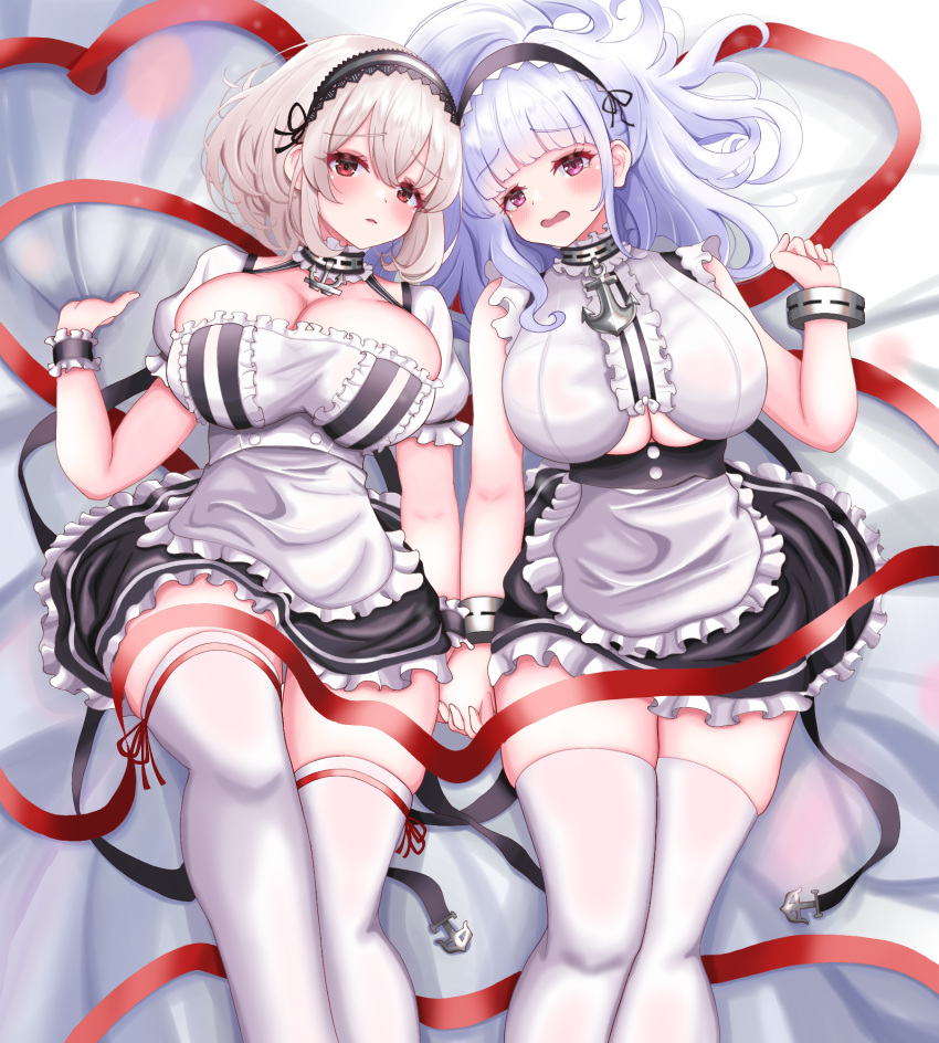 anchor_necklace apron azur_lane black_wrist_cuffs breasts cleavage collar dido_(azur_lane) frilled_apron frills grey_hair highres holding_hands jewelry kokonoe910 large_breasts long_hair lying maid maid_apron maid_headdress metal_collar necklace on_back open_mouth purple_eyes red_eyes red_ribbon ribbon sheet_grab short_hair sirius_(azur_lane) thighhighs two-tone_dress underboob white_thighhighs wrist_cuffs