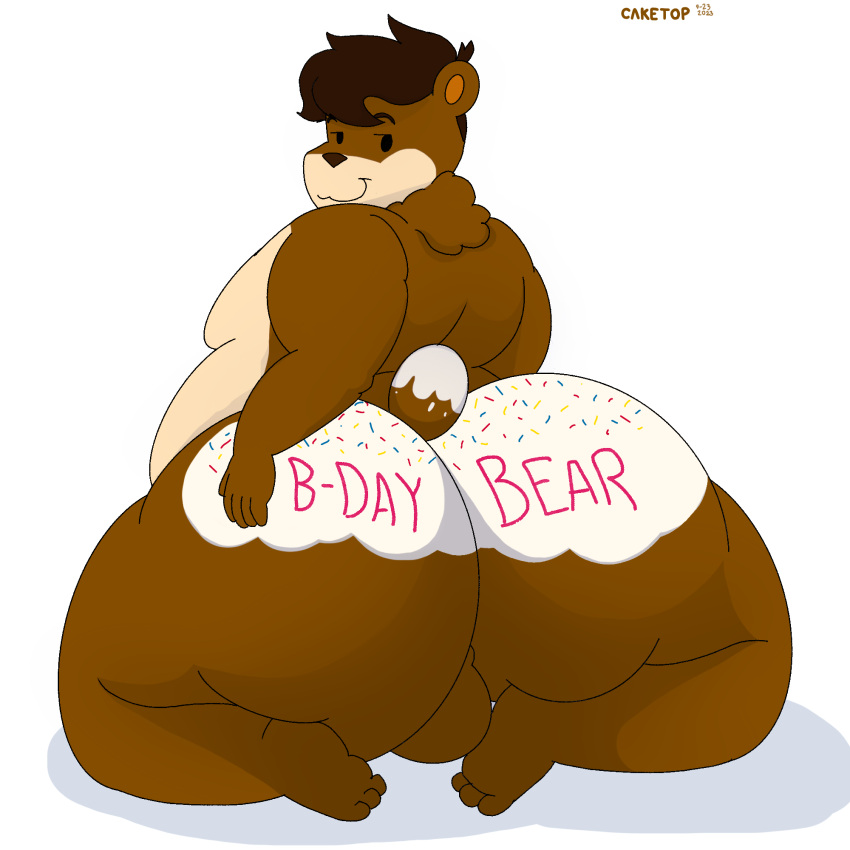 anthro balls bear big_butt brown_body brown_fur brown_hair butt cake_top cinna_(megacoolbear) digital_media_(artwork) frosting_on_butt fur genitals hair hand_on_butt hi_res huge_butt looking_at_viewer male mammal nude obese obese_male overweight overweight_anthro overweight_male simple_background smile solo sprinkles