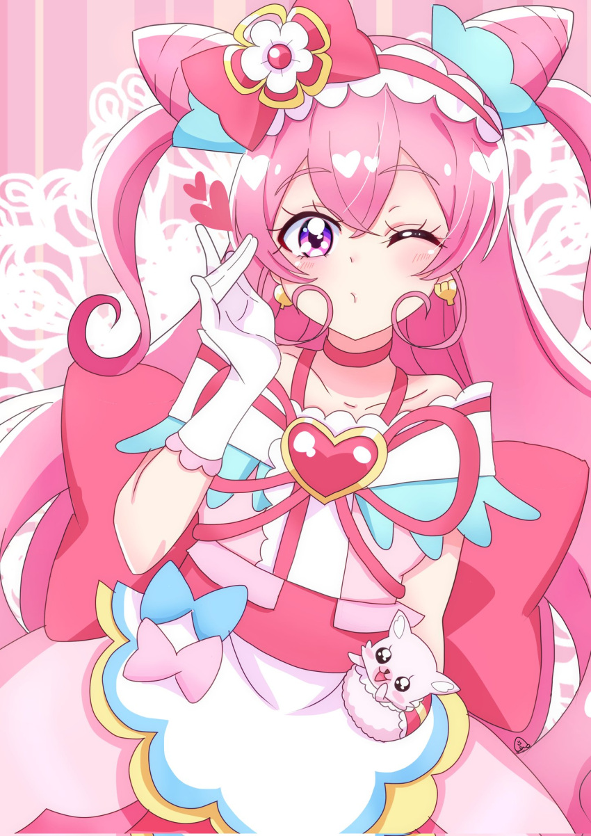 1girl apron arm_behind_head artist_name back_bow bow choker cone_hair_bun cure_precious delicious_party_precure doily double_bun dress earrings fox gloves hair_bow hair_bun highres jewelry kome-kome_(precure) large_bow long_hair looking_at_viewer magical_girl momotarouooi nagomi_yui off-shoulder_dress off_shoulder one_eye_closed pink_dress pink_hair precure puckered_lips purple_eyes red_bow red_choker red_ribbon ribbon signature solo standing very_long_hair waist_apron white_gloves