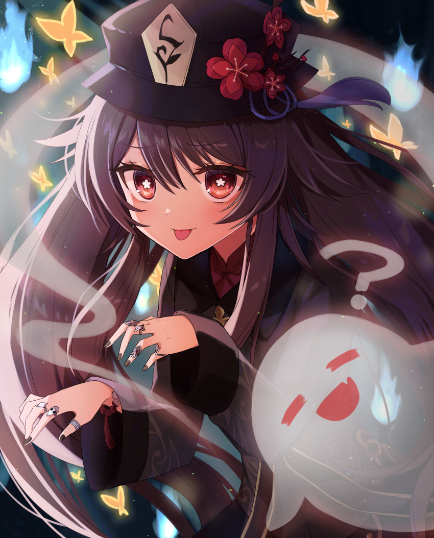 1girl :d =_= ? absurdres bead_bracelet beads boo_tao_(genshin_impact) bracelet brown_hair bug butterfly commentary_request fang flower flower-shaped_pupils genshin_impact ghost hat hat_flower hat_tassel highres hu_tao_(genshin_impact) ineka_ka jewelry long_hair long_sleeves looking_at_viewer multiple_rings porkpie_hat red_eyes ring smile symbol-shaped_pupils tongue tongue_out