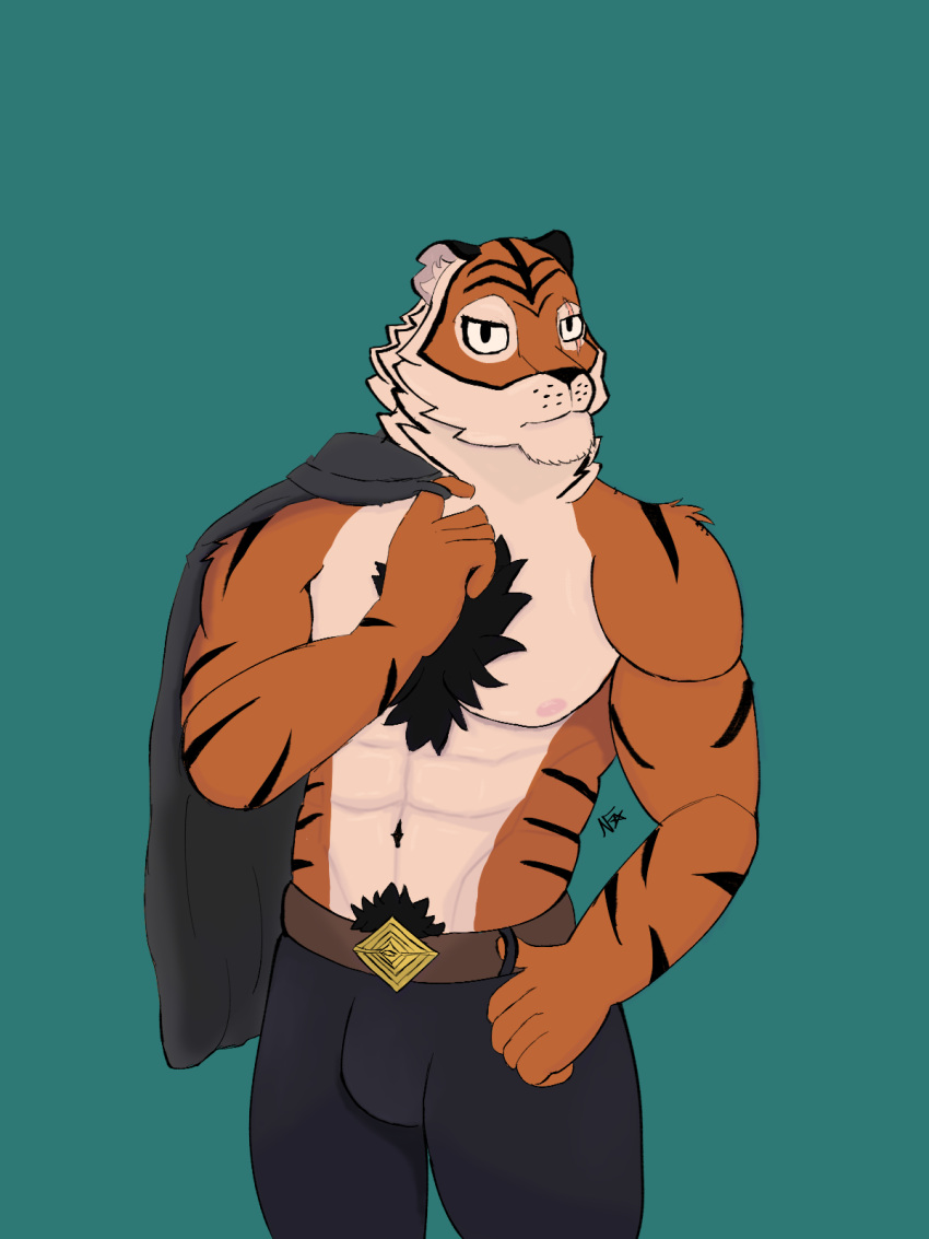 2023 abs anthro body_hair bottomwear bulge chest_hair clothing epic_games felid feline fortnite fur hair hi_res male mammal muscular muscular_male nicofross nipples orange_body orange_fur oscar_(fortnite) pantherine pants pecs pink_nipples pubes scar solo striped_body stripes tiger white_body white_fur