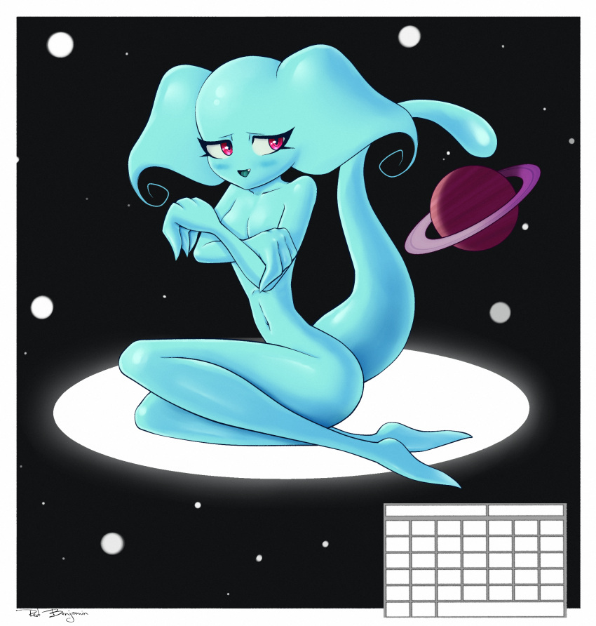 alien big_ears big_hands blue_body blue_skin blush breasts butt calendar calendar_pinup cosmic_background covering covering_breasts crossed_arms cute_fangs earthbound_(series) embarrassed eyelashes featureless_feet female giygas hi_res humanoid legs_together looking_away navel nintendo not_furry nude open_mouth open_smile pinup planet pose red_eyes saturn_(planet) shy sirredbenjamin sitting skinny small_breasts small_waist smile solo starry_background yokozuwari