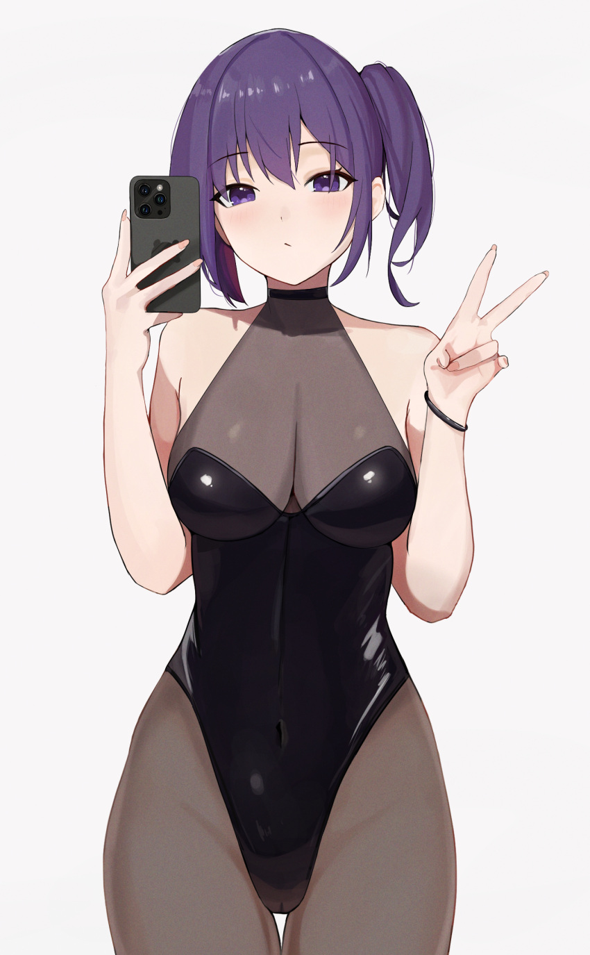 1girl absurdres bare_shoulders black_leotard bracelet breasts cellphone cleavage covered_navel cowboy_shot highleg highleg_leotard highres holding holding_phone hololive hololive_english jewelry koupi_(ku_roiko) ku_roiko large_breasts leotard looking_at_viewer no_animal_ears pantyhose personification phone purple_eyes purple_hair see-through selfie short_hair side_ponytail simple_background smartphone solo takodachi_(ninomae_ina'nis) v virtual_youtuber white_background