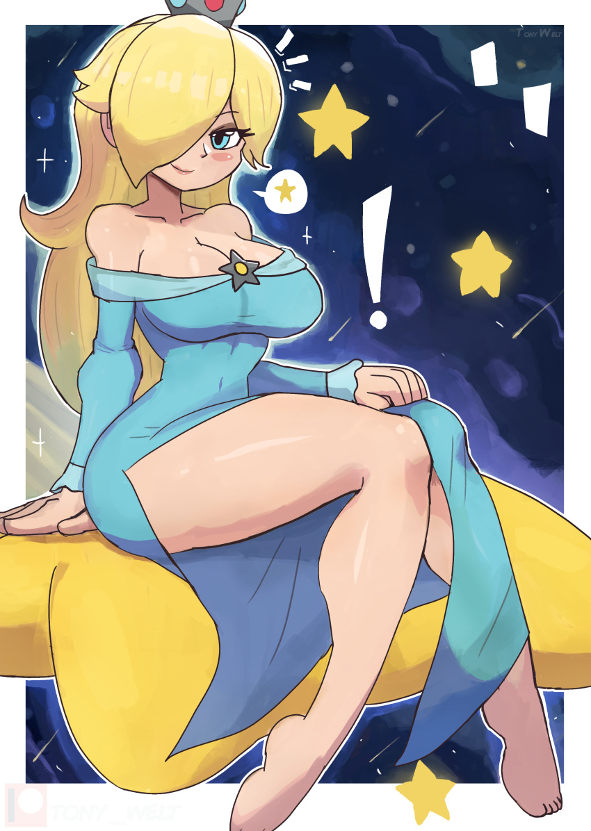 ! 1girl absurdres barefoot blonde_hair blue_dress blue_eyes blush breasts cleavage collarbone crown dress eyeshadow hair_over_one_eye highres large_breasts long_hair long_sleeves looking_at_viewer makeup mario_(series) off-shoulder_dress off_shoulder princess rosalina shooting_star side_slit sitting sky smile solo space sparkle speech_bubble spoken_star star_(sky) star_(symbol) starry_sky super_mario_galaxy thighs tony_welt