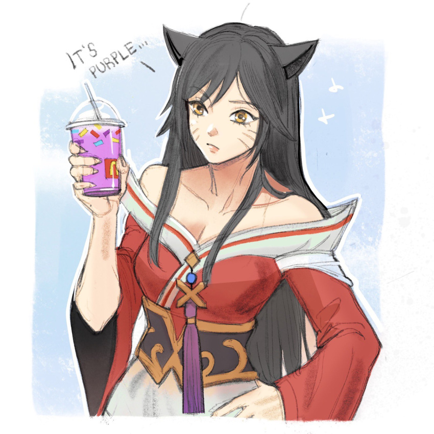 1girl ahri_(league_of_legends) animal_ears bare_shoulders black_hair breasts collarbone english_text facial_mark fox_ears grimace_shake_(meme) hand_on_own_hip highres korean_clothes large_breasts league_of_legends long_hair long_sleeves meme orange_eyes sawolapril solo whisker_markings white_background wide_sleeves