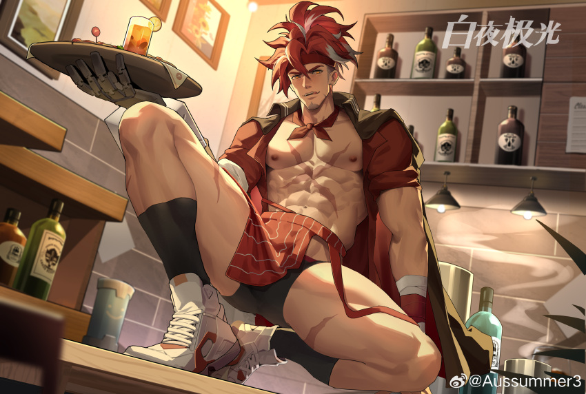 1boy absurdres ahoge alchemy_stars apron aussummer bara bare_pectorals black_male_underwear boxer_briefs facial_hair from_below goatee headband highres long_hair looking_at_viewer male_focus male_underwear mechanical_arms multicolored_hair muscular muscular_male no_pants open_clothes open_shirt pectorals red_apron red_hair scar scar_on_chest seductive_smile shoes single_mechanical_arm sinsa_(alchemy_stars) smile sneakers solo spread_legs thick_eyebrows thick_thighs thighs underwear waist_apron white_hair wide_spread_legs yellow_eyes