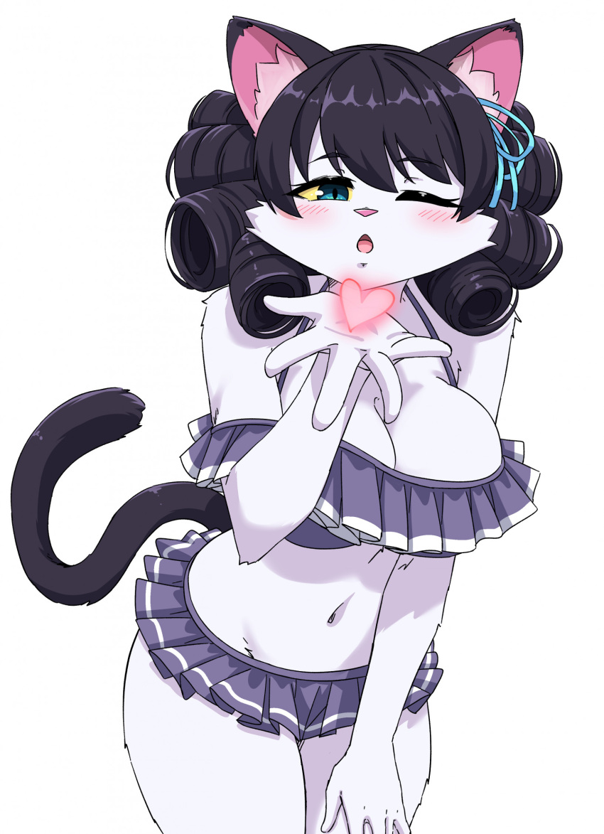 &lt;3 anthro big_breasts bikini black_hair blue_eyes blush breasts clothing cyan_hijirikawa domestic_cat felid feline felis female fur hair hi_res huge_breasts kissing mammal navel one_eye_closed open_mouth sanrio seductive short_hair show_by_rock!! simple_background solo swimwear white_body white_fur zekkymzn