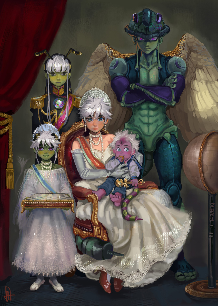 2boys 3girls abs absurdres arthropod_boy black_hair blue_eyes chessboard colored_skin crossed_arms curtains dress earrings elbow_gloves family feathered_wings fewer_digits french-unicorn globe gloves green_skin grey_gloves highres hunter_x_hunter if_they_mated jewelry komugi_(hunter_x_hunter) long_earlobes long_hair looking_at_viewer meruem multiple_boys multiple_girls navel necklace purple_eyes purple_skin red_footwear shoes short_hair standing throne white_dress white_footwear white_hair white_wings wings