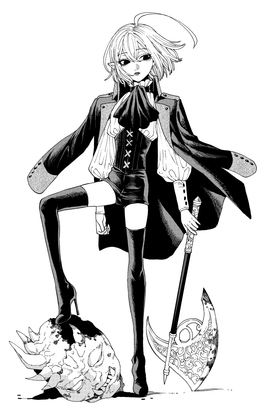 1boy absurdres ahoge androgynous axe black_eyes blood blood_on_face blood_on_weapon bob_cut boots coat coat_on_shoulders corset disembodied_head double-parted_bangs frilled_shirt frills full_body hair_between_eyes high_heels highres holding holding_axe medium_hair monochrome ohayousan_084 original otoko_no_ko pale_skin pointy_ears rose_(ohayousan_084) sharp_teeth shirt shorts standing stepped_on stiletto_heels teeth thigh_boots vampire weapon white_hair