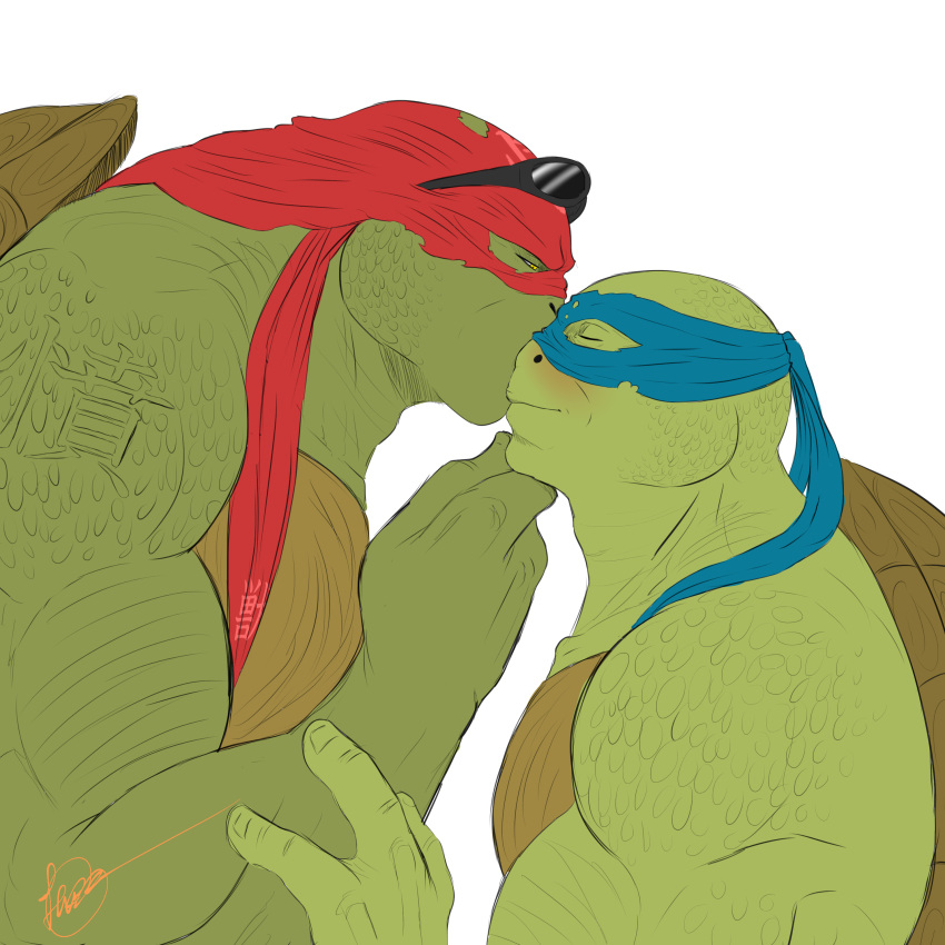 absurd_res anthro duo green_body green_skin hi_res kissing leonardo_(tmnt) levana male male/male raphael_(tmnt) reptile scalie shell size_difference spots spotted_body spotted_skin teenage_mutant_ninja_turtles teenage_mutant_ninja_turtles_(2014) turtle turtle_shell