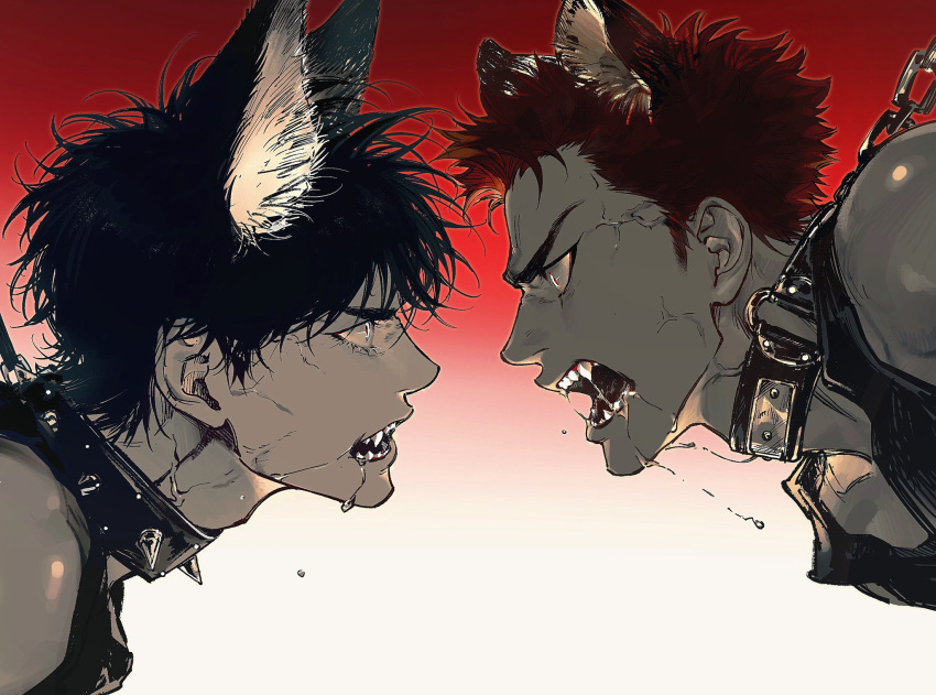 2boys adam's_apple angry animal_collar animal_ears bare_shoulders bdsm black_hair chain chain_leash chimmyming collar dog_boy dog_ears drooling extra_ears eye_contact face-to-face fangs from_side gradient_background highres kemonomimi_mode leash leash_pull looking_at_another male_focus multiple_boys open_mouth portrait profile red_background red_eyes red_hair rukawa_kaede sakuragi_hanamichi saliva short_hair slam_dunk_(series) sleeveless spiked_collar spikes tank_top veins