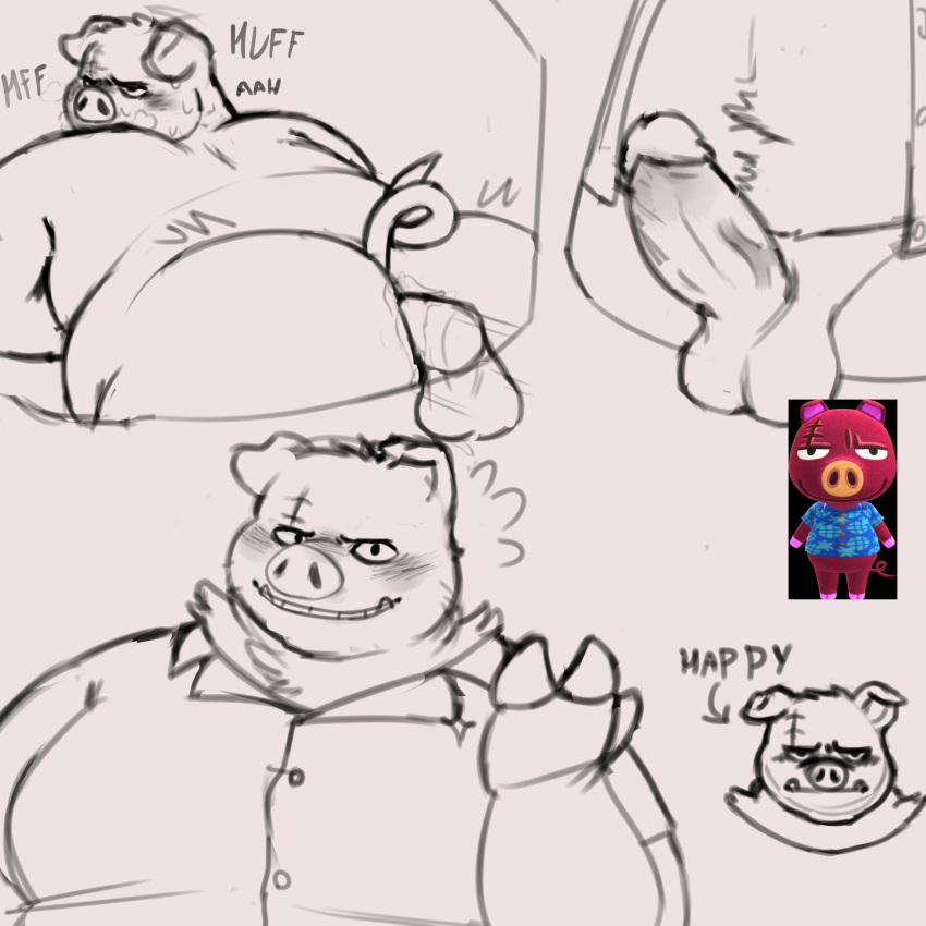 1:1 anal anal_penetration animal_crossing anthro anthro_penetrated balls belly bent_over big_butt blush butt clothing curled_tail disembodied_penis domestic_pig dress_shirt erection flustered genitals hi_res hooves looking_pleasured looking_up male male/male male_focus mammal multiple_images nintendo overweight overweight_male penetration penile penile_penetration penis penis_in_ass rasher_(animal_crossing) scar sex shirt sketch snout solo solo_focus suid suina sus_(pig) tail topwear tusks unholyluhen