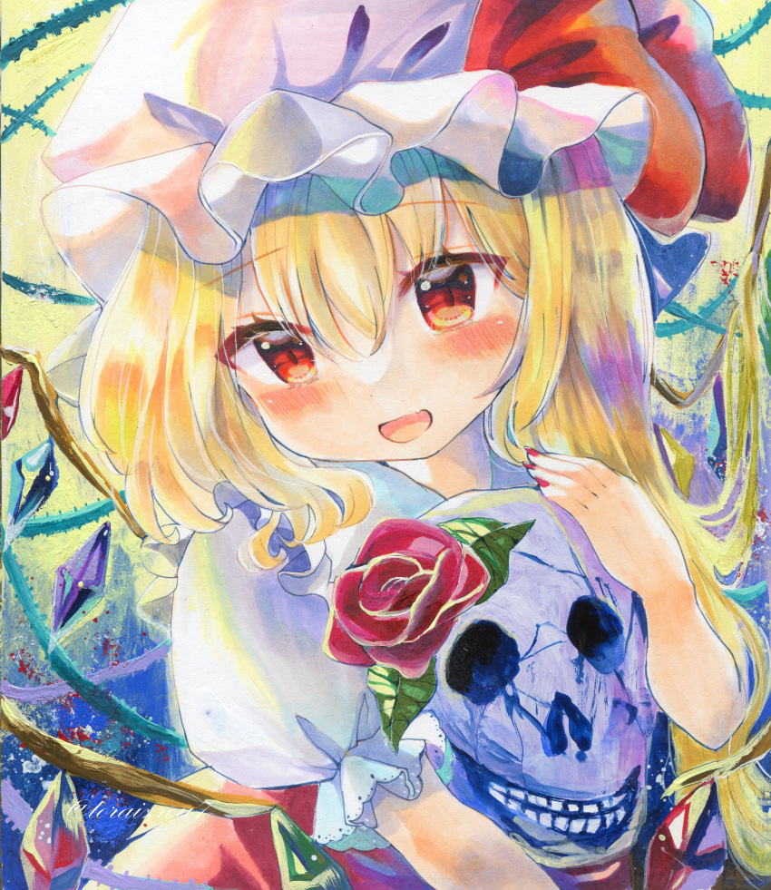 1girl :d absurdres blonde_hair blush commentary_request crystal flandre_scarlet hat highres holding holding_skull looking_at_viewer medium_hair mob_cap nail_polish open_mouth red_nails simple_background skull smile solo torajirou_(toraneko_zirou) touhou wings