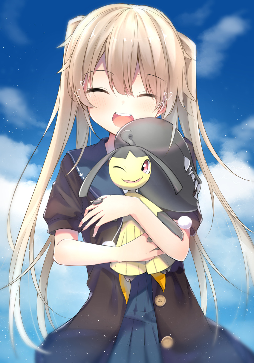 1girl :d ^_^ absurdres ao_no_kanata_no_four_rhythm arisaka_mashiro black_shirt blue_sailor_collar blue_sky blush closed_eyes cloud commentary_request crossover day double-parted_bangs facing_viewer hair_between_eyes heart highres holding holding_pokemon hug kawa_takatoshi light_brown_hair light_particles long_hair mawile one_eye_closed open_mouth pokemon pokemon_(creature) sailor_collar school_uniform shirt short_sleeves sky smile solo_focus standing twintails upper_body very_long_hair
