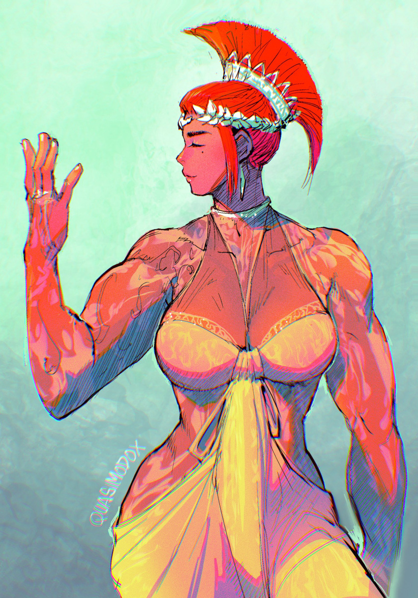 1girl alternate_costume alternate_hairstyle arm_at_side arm_up biceps breasts cleavage closed_eyes commentary dark-skinned_female dark_skin english_commentary facing_to_the_side highres jewelry large_breasts laurel_crown marisa_(street_fighter) medium_hair mohawk mole mole_under_eye multiple_rings muscular muscular_female quasimodox red_hair ring solo standing street_fighter street_fighter_6 sun_tattoo tan tanlines toga